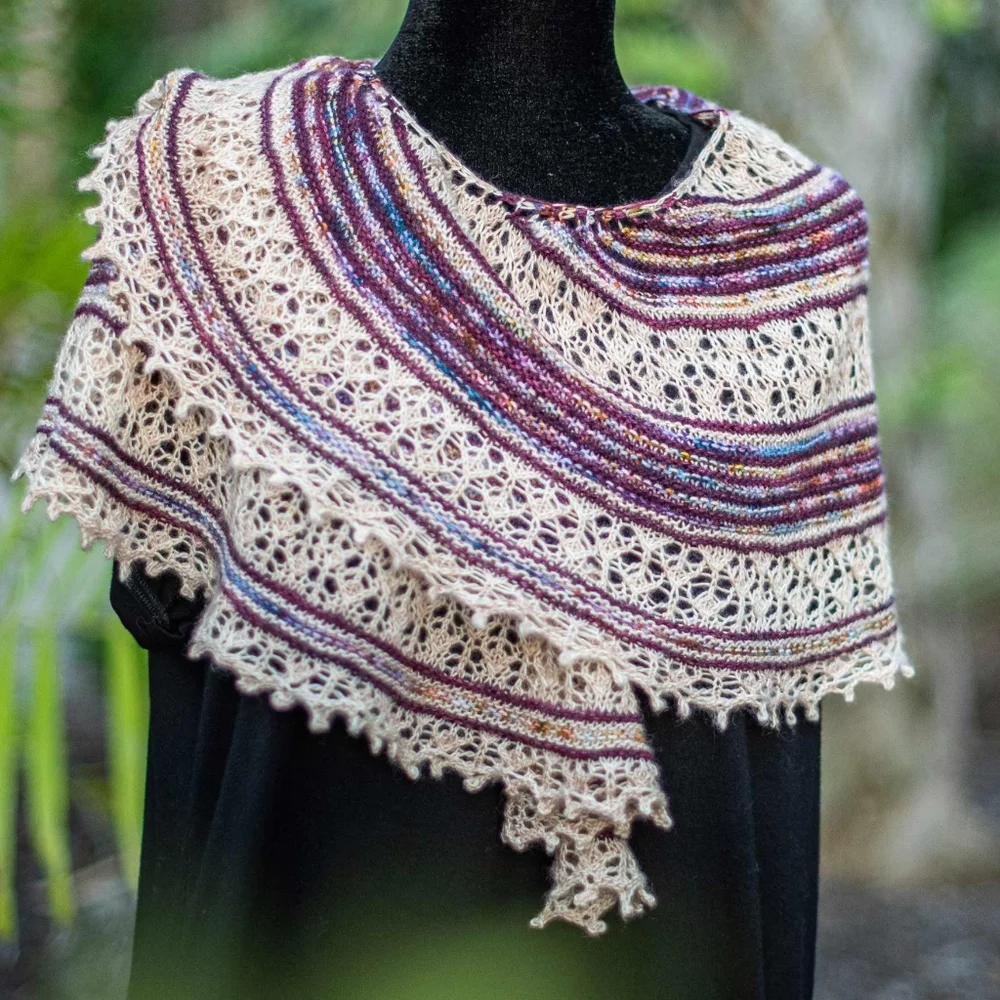 SOLD Hand Crafted OOAK Classic Wool Striped Lace Knit Scarf White Purple - Picture 4 of 9